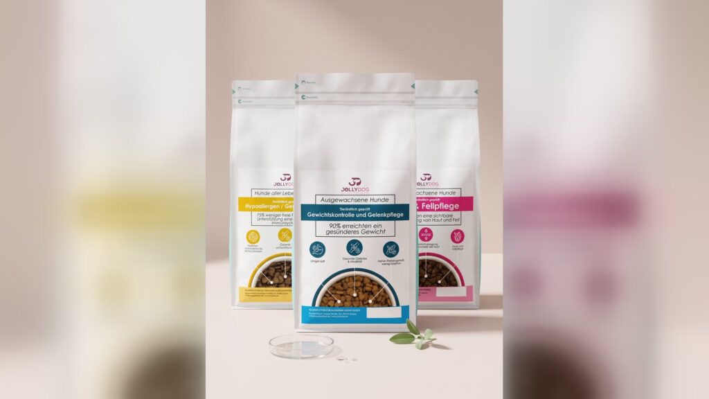 Drei Beutel Peptide+ nebeneinander: Hypoallergen, Gewichtskontrolle und Gelenkpflege, Haut- und Fellpflege